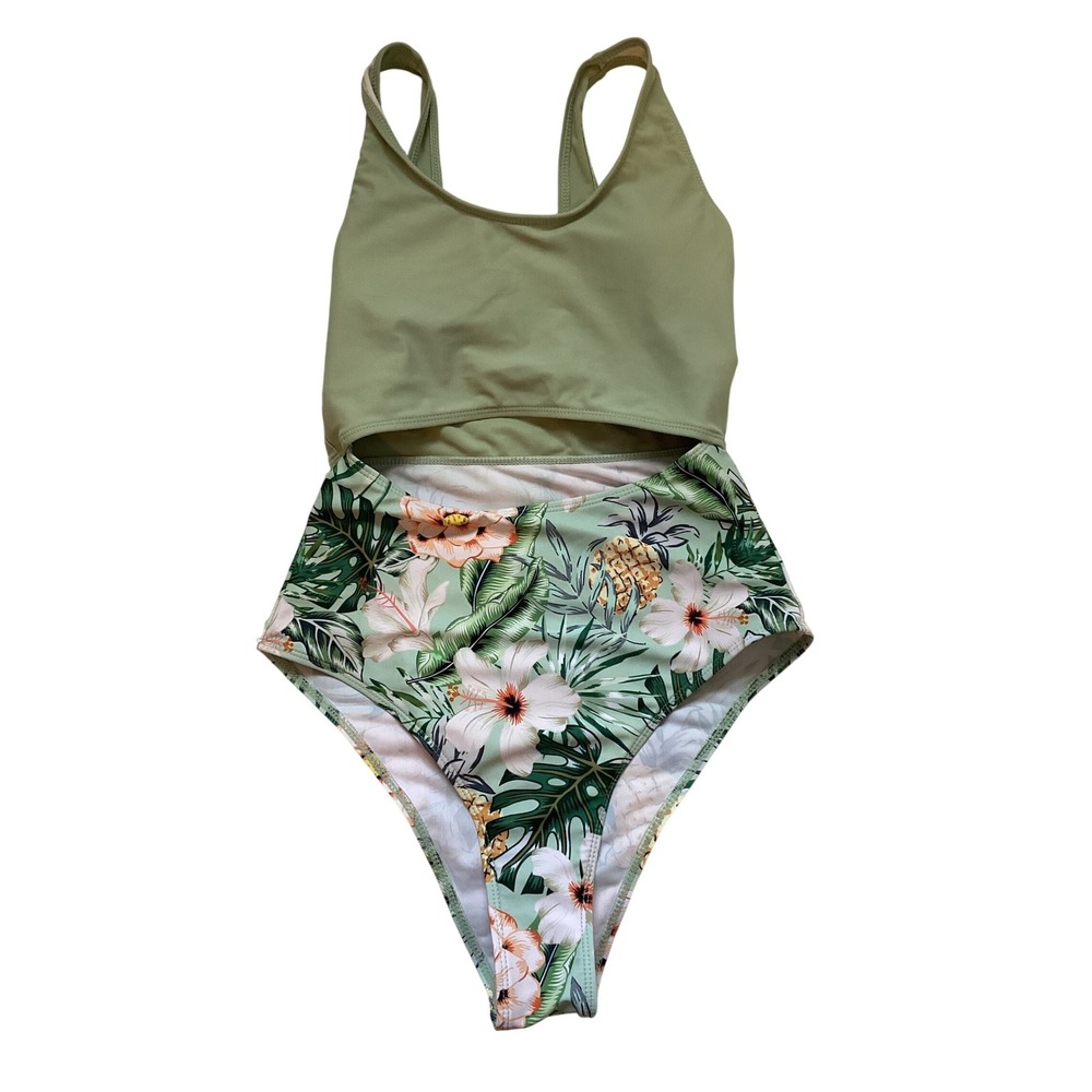 Tropical Floral‎ Pineapple Cutout One Piece Swimsuit Sage Green XS